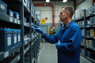 Technicien inspectant batteries lithium en atelier