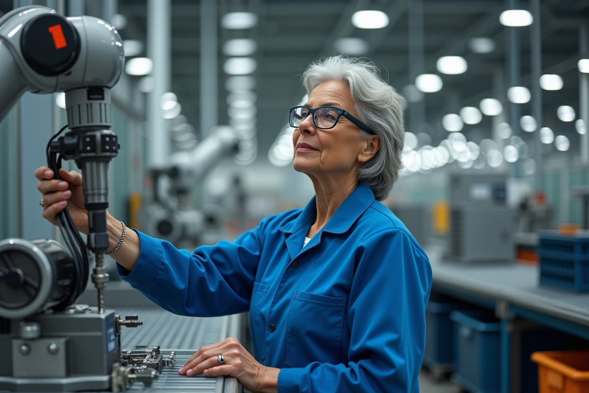 Technicienne en usine manipulant un bras robotique