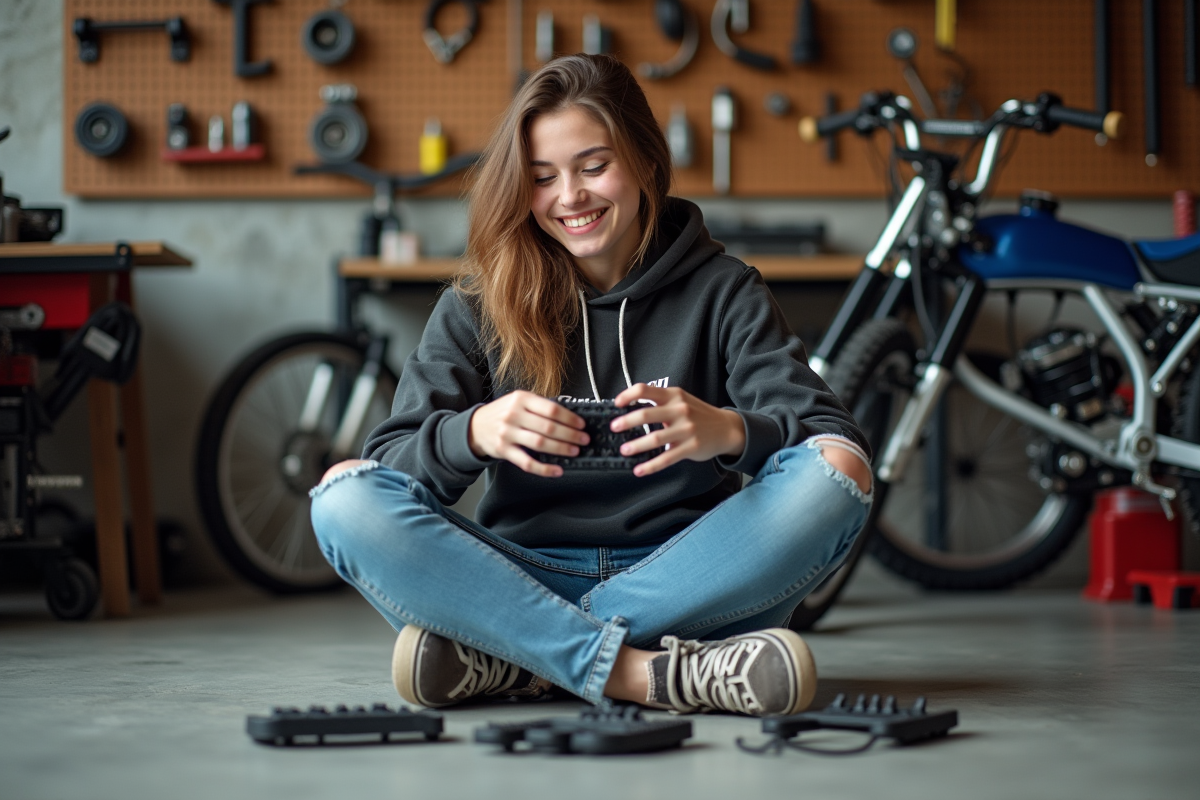 Adolescente vérifiant des accessoires de pit bike dans son garage