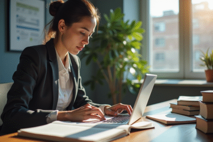 Traducteur professionnel au bureau avec ordinateur et dictionnaires