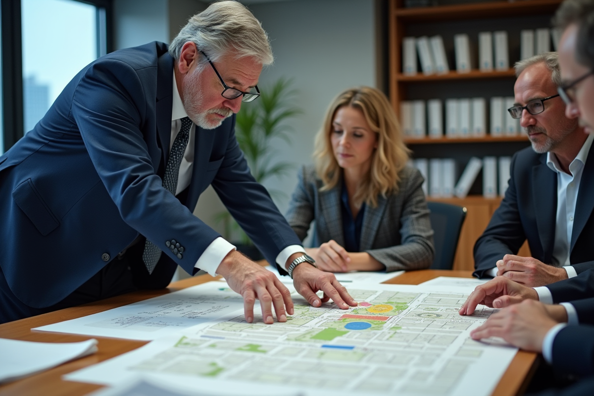 Urbaniste homme en réunion avec cartes de zonage