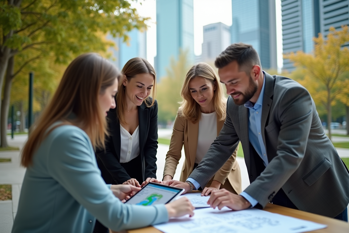 Groupe d urbanistes discutant en extérieur dans un parc