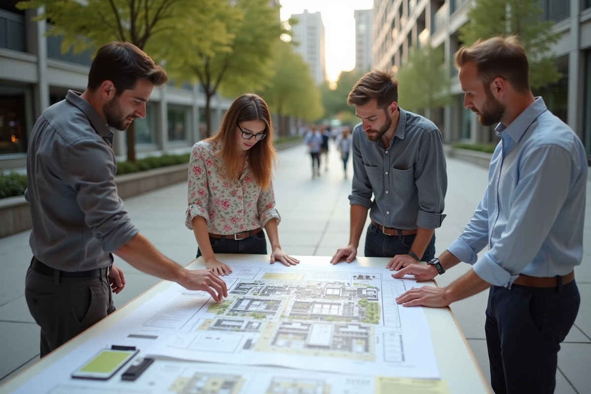 Groupe d urbanistes collaborant en extérieur