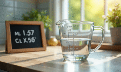 Verre mesureur rempli d'eau sur un plan de travail avec tableau de conversion ml cl