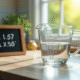 Verre mesureur rempli d'eau sur un plan de travail avec tableau de conversion ml cl