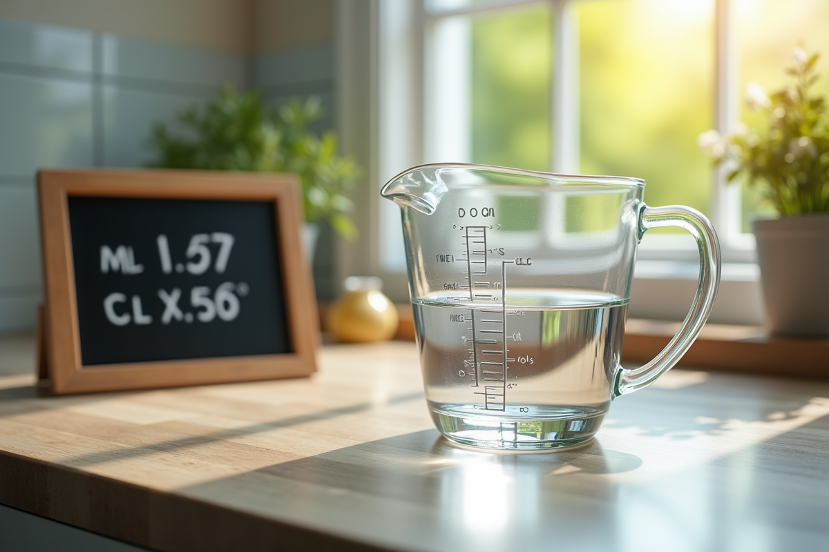 Verre mesureur rempli d'eau sur un plan de travail avec tableau de conversion ml cl
